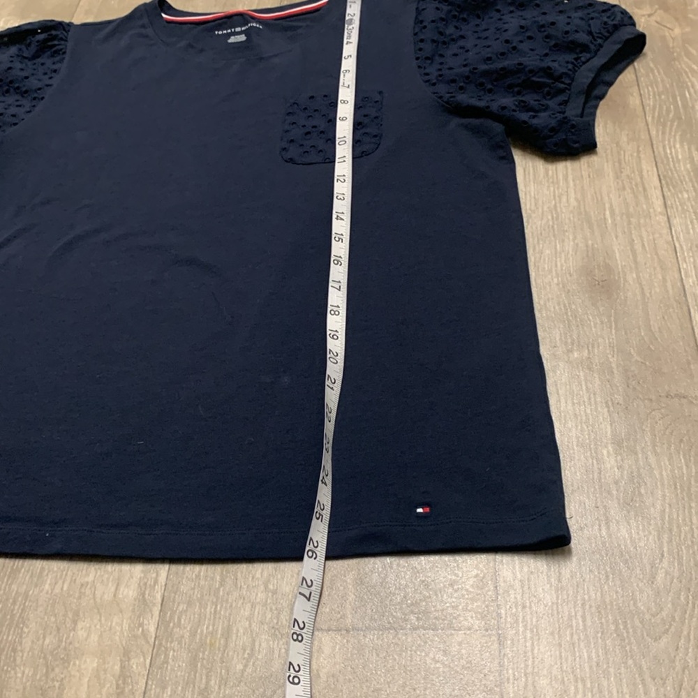 Womens Tommy Hilfiger Puff‎ Sleeve Eyelet Navy Top Shirt - Picture 3 of 7